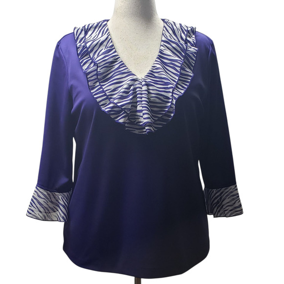 Blair Purple Zebra Stripe Blouse Size 14 Ruffle V-Neck 3/4 Sleeve Knit Top - Picture 1 of 7